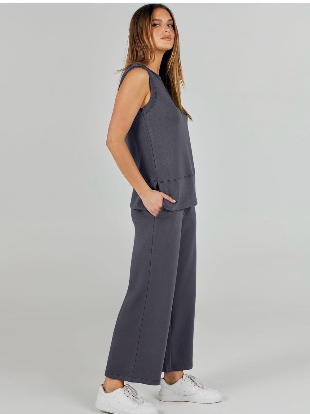 Sleeveless Wide-Leg Pants Set in Charcoal Gray